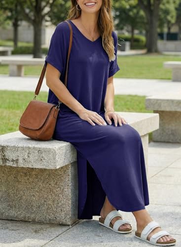 Image of Dokotoo Summer Dresses for Women 2026 Casual Maxi Dress V Neck Cap Sleeve Long Sundress with Pockets Beach Vacation