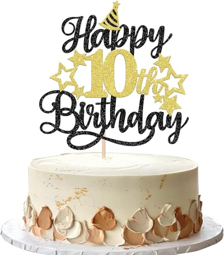 Image of Confetti! Glittering 10th Birthday Cake Topper with Star Hat - Cheers to 10 Years! Fabulous Cake Decorations for Kids' 10th Birthday & Anniversary Party Supply
