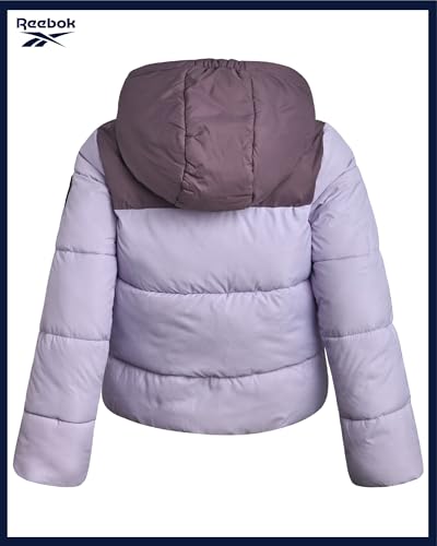 Image of Reebok Girls Heavyweight Poly Taffeta Puffer Jacket with Sherpa Hood | Insulated Quilting Locks in Warmth, Zip-Up Closure, Secure Pockets for Gloves, Cozy Protection for Cold-Weather Play