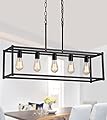 AMZASA Black Rectangle Kitchen Island Lights Rectangular Modern Industrial Chandelier for Dining Room 5 Lights Linear Vintage Cage Light Fixtures UL Listed