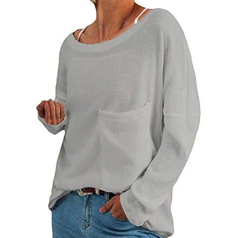 Yutila Womens Long Sleeve Tops Round Neck Loose Jumper with Pockets Grey Cover
