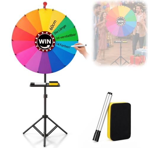 Glücksrad 61 cm mit 14 Fächern, Höhenverstellbares Preisrad 100-200 cm, Drehbares Gewinnspiel-Rad mit abwischbarer Oberfläche & Marker, Mobiles Glücksrad für Party, Messe, Hochzeit und Veranstaltungen