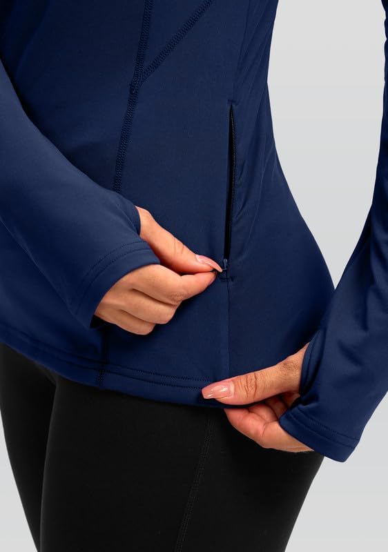 Women's Thermal Fleece Tops Long Sleeve Workout Shirts Running Athletic Base Layer with Thumb Holes Zipper Pocket - Image 4
