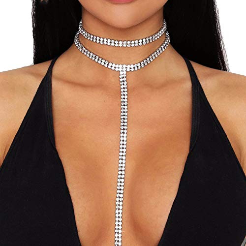 Riymusry Sexy Multilayered Long Choker Necklaces Double Layer Crystal Full Rhinestone Choker Necklace Statement Necklace Luxury Collares Jewelry For Women Body Jewelry Nightclub Party #TOP2