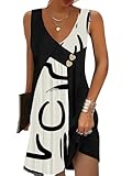 SAUKOLE Summer Dresses for Women Fashion V Neck Sleeveless Mini Dress with Heart Button Vacation Outfits