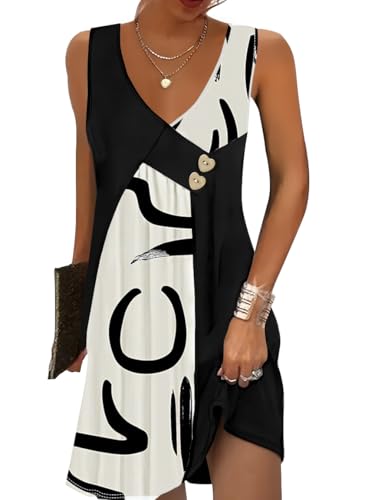 SAUKOLE Summer Dresses for Women Fashion V Neck Sleeveless Mini Dress with Heart Button Vacation Outfits