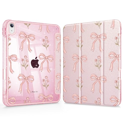 May Chen Gitter Pearl Silk for iPad Air 11 (M4 2026/M3 2025/M2 2024), iPad Air 4 & 5 10.9 Inch 5th 4th (2022/2020), Sparkly Clear Back Protective Stand Cover with Pencil Holder, Pink Bow Floral