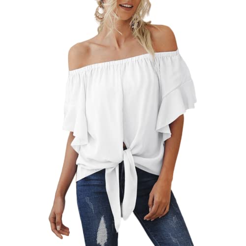 Chemisier d'été décontracté en mousseline de soie pour femme, épaules dénudées, volants à manches courtes, haut de style décontracté, blanc, XX-Large Cover