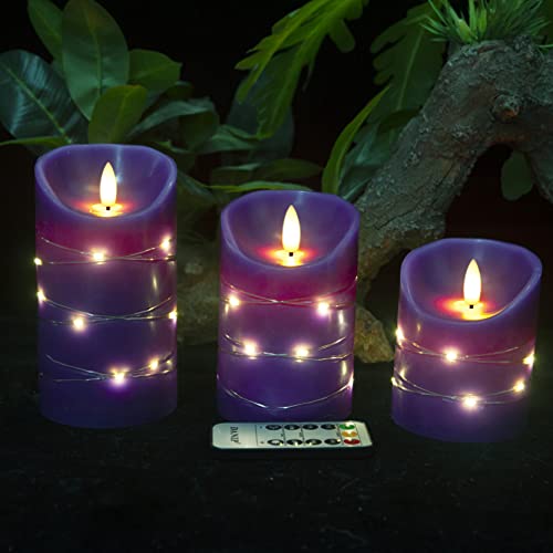 Danip Purple Flameless Candle, Built-In Star String, 3 Led Candles, 11 Button Remote Control, 24 Hours Timer Function, Dancing Flame, Real Wax, Battery Powered. (Purple) #TOP3