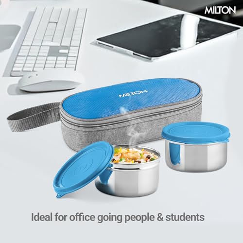 Image of MILTON Plato Pack Small Stainless Steel Lunch Box (2 X 340 ml containers) with Jacket | Leak Proof, Food Grade I Lightweight, Odour Proof | 1 Year Warranty I Ideal for Office, School, Travel, Blue