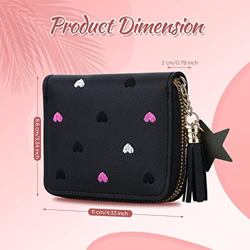 Greoer Small Purses for Women, PU Leather Ladies Wallet Purses with Star Pendants, Multifunctional Zipper Pocket Purses with Embroidery Heart Patterns, Lady Credit Card Holders for Women and Girls