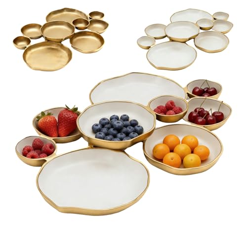Cluster of 9 Round Serving Bowls, on an Elegant 22-Inch Gold Tray Perfect for Snacks Dips and Appetizers at Parties Weddings and Gatherings, A Decorative Multi-Bowl Platter for Entertaining