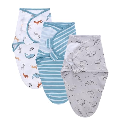 Image of LAT Swaddle Blanket with zip Baby Girl Boy-Easy Adjustable 3 Pack Infant Sleep Sack Wrap Newborn Babies 100% Cotton Sleep Bag(lue Whales,0-3Months)