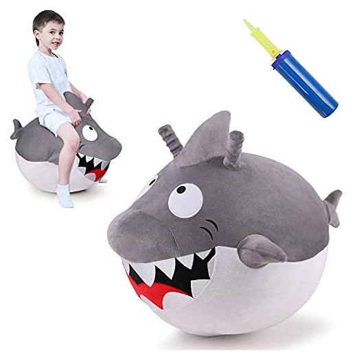 iPlay, iLearn Bouncy Pals Kids Great White Shark Hopper Ball, Toddler Ride on Bounce Toy, Outdoor Inflatable Jumping Animal W/Handle, Bouncing Hop Jumper, Birthday Gifts for 2 3 4 5 Year Old Boy Girl