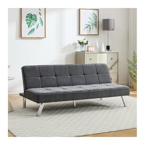 Warmiehomy Futon Sofa Bed Click Clack Sofa Bed Velvet Fabric 3 Seater Sofa Couch Convertible Bed Settee with Metal Legs for Living Room, Spare Room, Bedroom, Grey