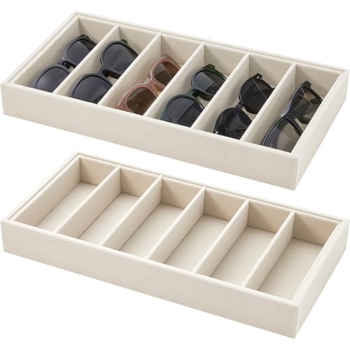 Juexica 2 Pcs Velvet Sunglass Trays 6 Grids Sunglasses Organizer, Beige