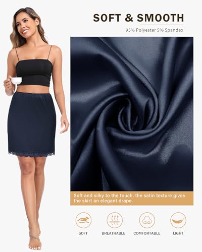 Vlazom Women's Satin Half Slip - High Waisted Silky Underskirt with Lace Trim,Anti-Static Slip Skirt for Dresses S-3XL4