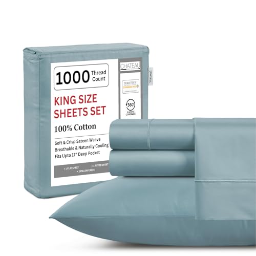 French Blue Cotton King Sheet Set, 1000 TC, Deep Pocket