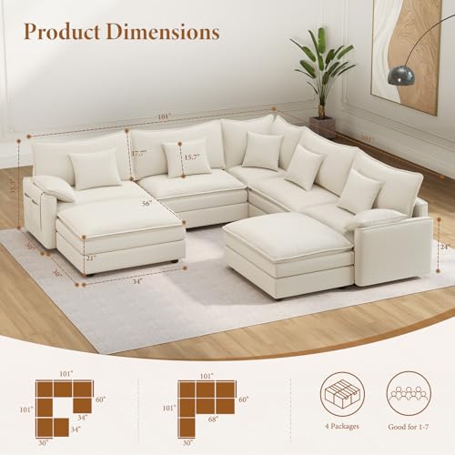 Image of Vesgantti 101 inch V-Shaped Corner Couch Sectional, 7 Seat Customizable Modular Cloud Couches with Movable Ottoman, Chenille Deep Seat Sofa Set with Chaise for Living Room, Bedroom and Apartment, White