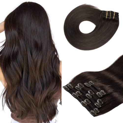 Sindra Clip In Hair Extensions-Dark Brown 16 Inch 100g 6pcs Double Weft Straight-Clip in Extensions Real Human Hair #2,16"