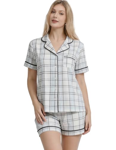 Image of NAP BOUND 100% Cotton Women Pajama Sets Button Down Short Sleeve Sleepwear Soft Pjs 2 Piece Lounge Set with Pocket XS-XXL