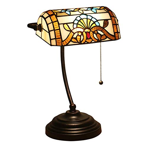 Stile Lampada da tavolo da banchiere tradizionale lampade da scrivania in vetro color barocco con impianto di interruttore a catena a trazione, base di zinco antico per la scrivania del soggiorno