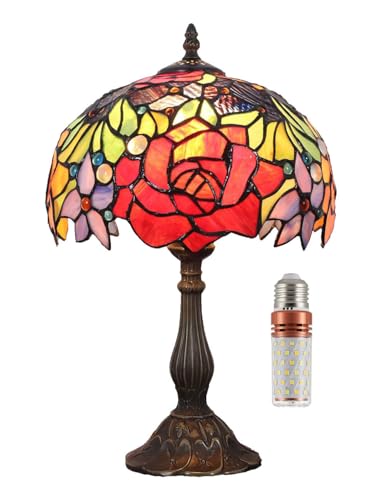 Rose Pastoral Retro Antique Tiffany Style Table Lamp Bedside Lamp Stained Glass Crystal Bead Lampshade Antique Lighting Living Room Bedroom Table Lamps Children's Lamp(Size:10 inch,Color:red)
