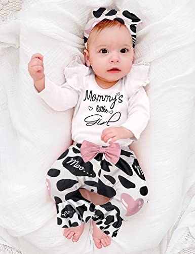 Adifun Baby Girl Clothes 3-6 Months Baby Girl Clothes Cow Baby Bell Bottoms White Romper Pant Set Ruffle Mommys Little Girl Clothing Stuff Baby Outfit Girl Girl 4Pcs Gifts #TOP1