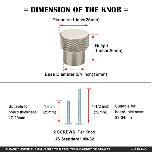 Askano Knurled Kitchen Cabinet Knobs, Pack Of 10, Brushed Nickel Ak1301 | Round Pull Handle, Solid Hardware For Drawer, Dresser, Bathroom, Vanity, Furniture Door, Cupboard, Bedroom, Diameter: 1 Inch #TOP5