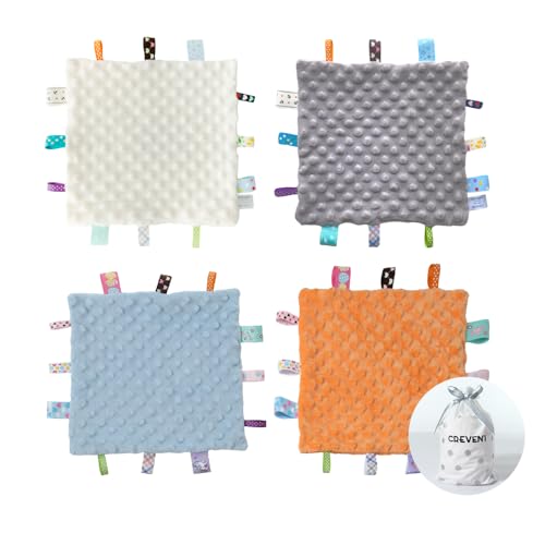 Image of CREVENT Tag Security Blankets for Babies, Soft Small Taggie for Boys Girls, Baby Comforter Sensory Blanket, Great Gifts for Birthday Baby Shower 10"X10" (Blue+Orange+Grey+Ivory)