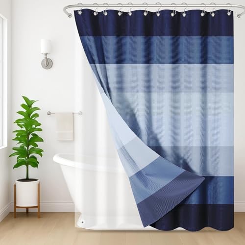 Nesphy 3 in 1 Shower Curtain and Liner,72 x 72 inch, Navy Striped by Nesphy - Used condition - US$22.35