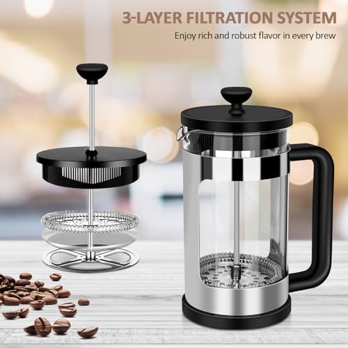 RAINBEAN French Press Coffee Maker 12 Oz, Mini Coffee Press 1 Cup, Single Serve French Press, With 3 Filterations, Heat Resistant Thickness Borosilicate Glass, Coffee Brewer Tea Press