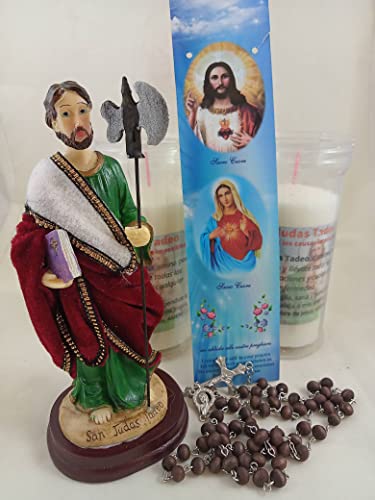 Estatua de San Judas Tadeo: Compra la Mejor Figura Religiosa Auténtica 6 San Judas - Patrón de Las Causas Imposibles - Figura de San Judas Tadeo + Vela oración + Peana Madera + Rosario.