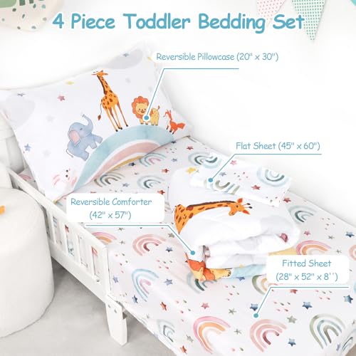 Image of Toddler Bedding Set, 4 Pieces Toddler Comforter Set for Girls Boys Kids, Ultra Soft Toddler Bed Sheets Set in a Bag, Includes Comforter, Fitted Sheet, Flat Sheet, Pillowcase, Rainbow Animal