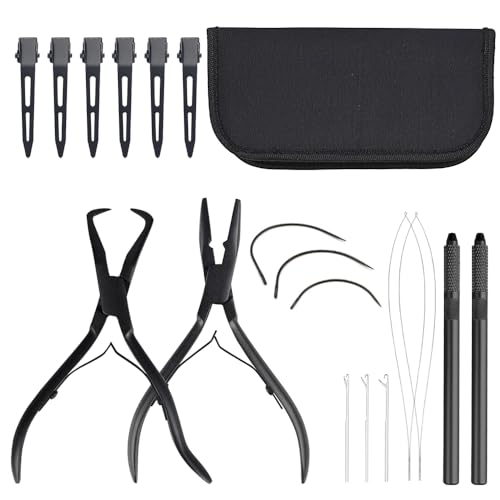 GlamorDove Hair Extension Pliers Kit with Cloth Bag Hair Extension Pliers for Micro Beads Remover Hook Looper Feather Hair Extensions Hair Loop Tool Salon Barber Accessories, Black