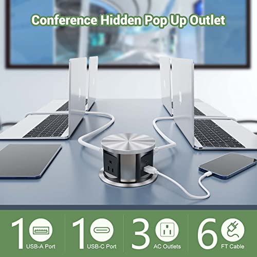 Automatic Pop Up Outlet,Pop Up Power Outlet Charging Station With 3 Ac Plug & 1 Usb A And 1 Usb C Port, Recessed Power Strip Pop Up Socket For Kitchen Countertop Conference Table, Etl Listed #TOP3