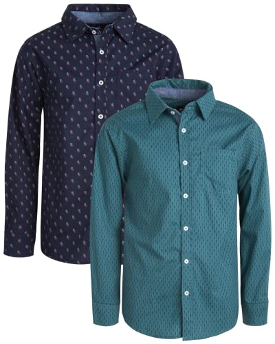 Ben Sherman Boys' Button-Down Shirts - Long Sleeve Cotton Collared Dress Shirt (2 Pack), Size 8, Navy Shape/Teal Diamond #TOP25
