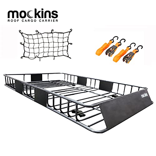 Mockins Roof Rack Rooftop Cargo Carrier with Bungee Net | The Steel Luggage Rack is 64  Long X 39  Wide X 6  Tall with A Hauling Weight of 200 Lbs & can be Reduced to 43  Long if Needed