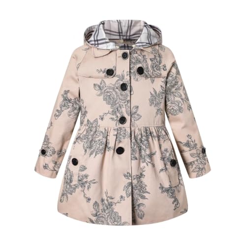 Image of BINPAW Girls Hooded Jacket Trench Coat, 2# Khaki, 7-8Y | Plaid Lined, Gathered Waist, Button Front, Hooded, School, Casual, Outdoor, Spring Fall Outerwear