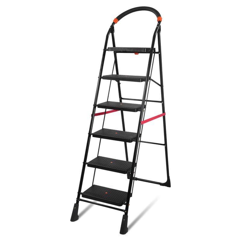 Image of TNT THE NEXT TREND Carbon Steel Cameo 6 Step Heavy Duty Foldable Step Ladder With Anti-Skid Shoes And Extra Strong Wide Steps (Black)