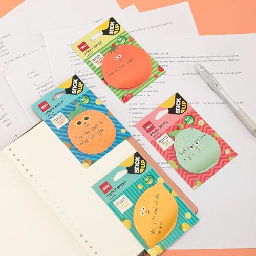 Image of Deli EA55602 Fruit Design Sticky Notes | 3 inchx3 inch Size Self Adhesive Sticky Notes, 30 Sheets Each (Pack of 4)