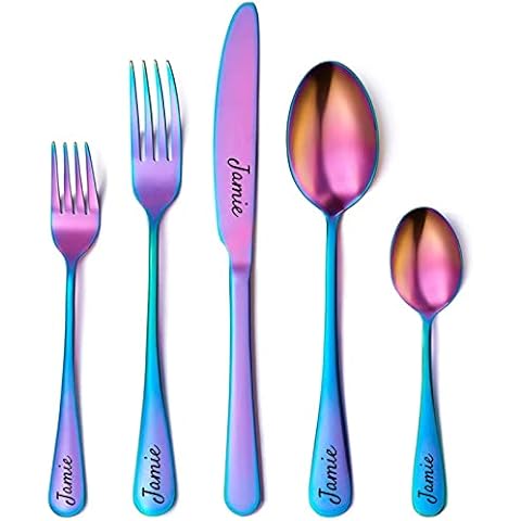 AIPNIS Custom Flatware Set,Personalized Engraving Name Dinner Forks/Knives/Spoons Stainless Steel Flatware,Customized Birthday Christmas Gift - Colorful Cover