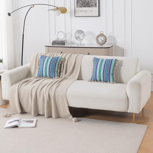 Image of HOKIPO 'Artisan Boho Series' 450 GSM Cushion Cover with Tassels | Cotton Acrylic Jacquard | 16x16 Inch (40x40 cm) | Pack of 2, Royal Blue (IN-905-A2*2)