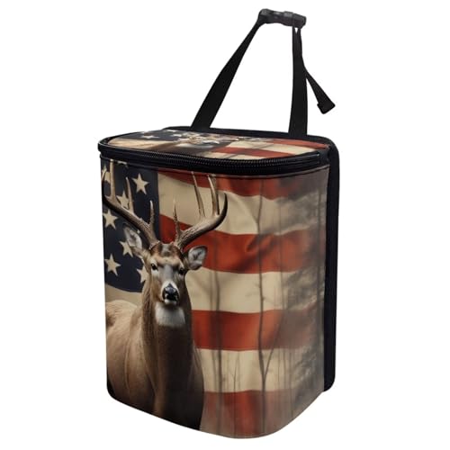 Image of Talayituse American Flag Deer Print Car Trash Can with Adjustable Straps, Foldable Car Trash Bag Bin Car Garbage Bag Multipurpose Storage Box for Vehicle Travel Camping Picnicing