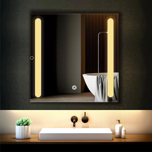 Image of LED Bathroom Wall Mirror with Decorative 3 Light Design | Touch Sensor | Warm | Natural and Cool White | for Wash Basin | Bedroom | Dressing Area Decoration (Square, 24x24)