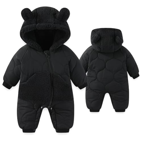 JiAmy Baby Snowsuit, Toddler Fleece Winter Snow Suits Bear Hooded Footed Romper Cartoon Baby Girls Boys Clothes Outfits Black 3-6 Months