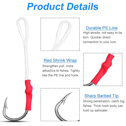 Assist Fishing Hooks with PE Braid Line for Jigging,50pcs Live Bait Stainless Steel Jigging Assist Hooks Vertical Butterfly Jig Hooks Slow Pitch Fishing Hook (5/0_50pcs) - Image 2