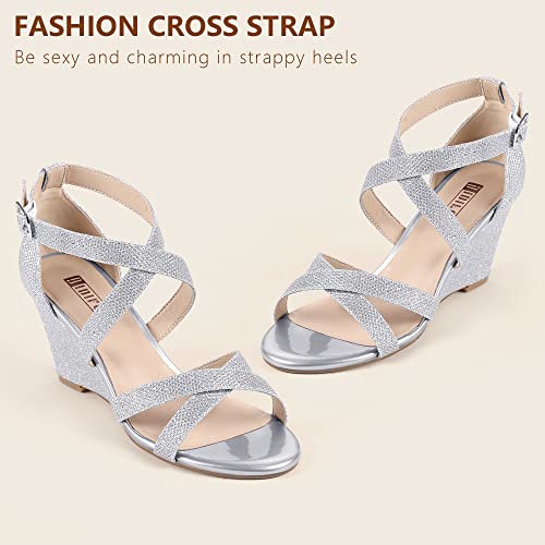 Idifu Women's 3 Inch Strappy Wedge Sandals For Women Open Toe Wedges Shoes For Women Dress Sandals For Women For Wedding Bridal Evening Prom (Silver Glitter, 8.5 M Us) #TOP3