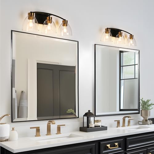 Image of KSANA Bathroom Light Fixtures, 3-Light Black and Plating Brass Vanity Lights for Bathroom, 22.8'' Modern Farmhouse Bathroom Lighting Lights Over Mirror with Clear Glass Shade