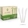 Ecovita 100% Compostable Knives – 140 Large Disposable Utensils (7 in.) Eco Friendly Durable and Heat Resistant Alternative to Plastic Knives with Convenient Tray